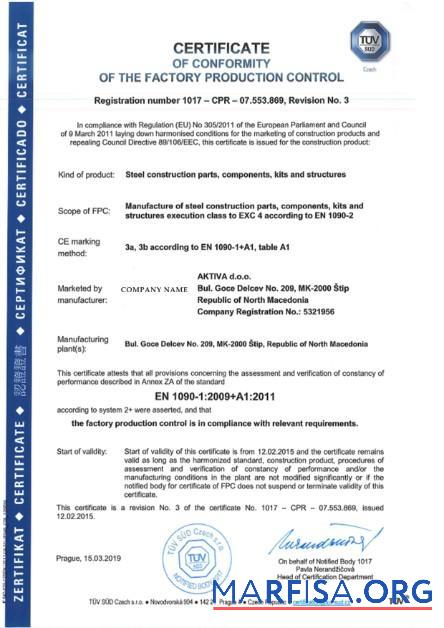 Printable Czech Republic Certificate of Conformity of The Factory Production Control download for verification